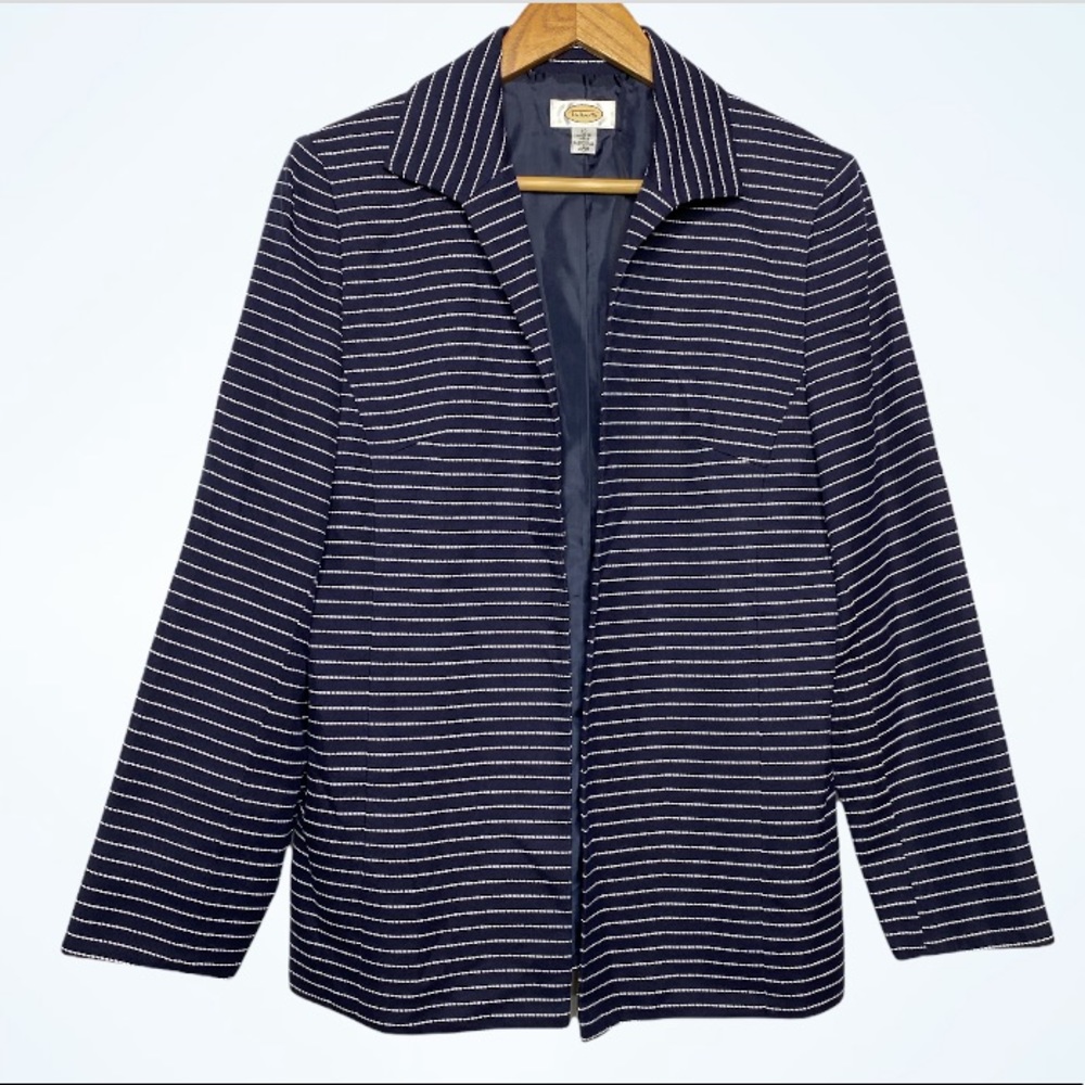 Talbots Navy Blue Stitch Striped Career Blazer Open Jacket Made in Japan 10